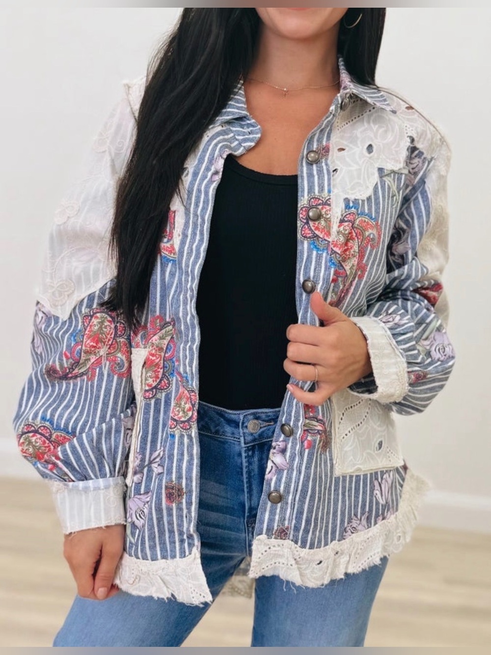 Retro Rhythm Striped Floral Jacket - Blue